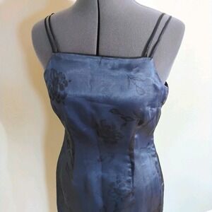 Y2K Midi Dress Size 6 Floral Blue Black Whimsigoth Fairy Sheer‎ Silk Slit Prom